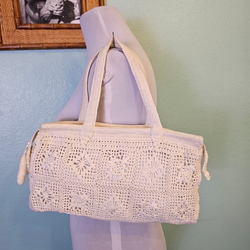 Vintage Off White Crochet Floral Granny‎ Square Shoulder Bag Boho Purse